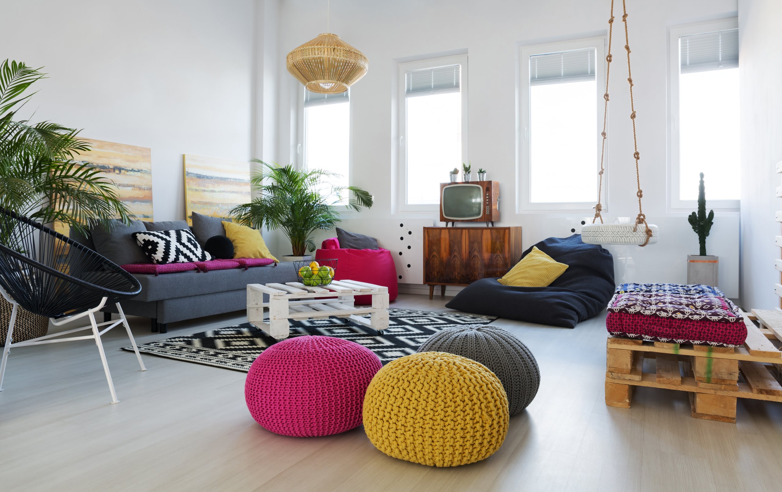 Living Room With Pink Bean Bag Chair