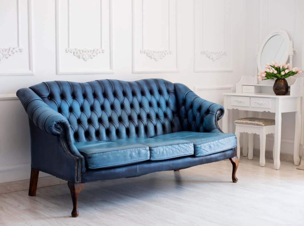 Opulent Blue Leather Sofa from Elegant Past Eras