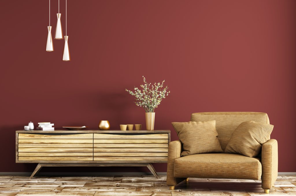 Stunning Red Brown Living Room Wall with Rustic and Modern Decor