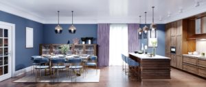 Open Concept kitchen and Dining Room in Blue and Brown
