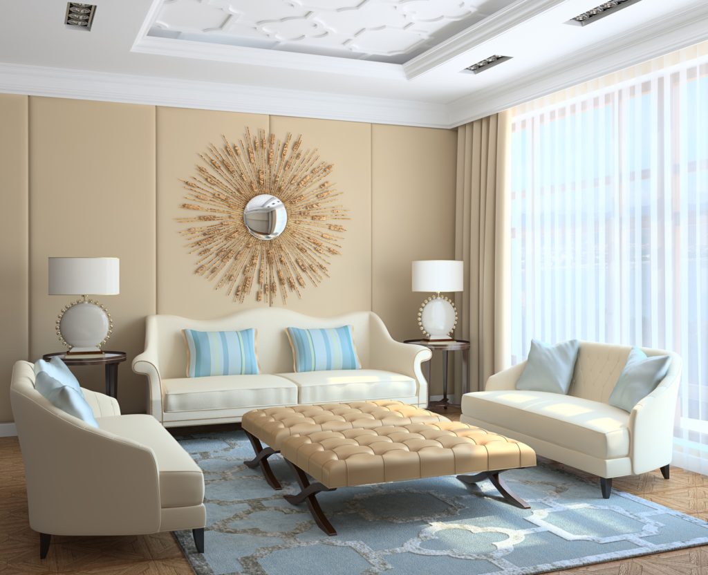 Fashionable Sitting Room with Beige Couches and Stylish Pillows