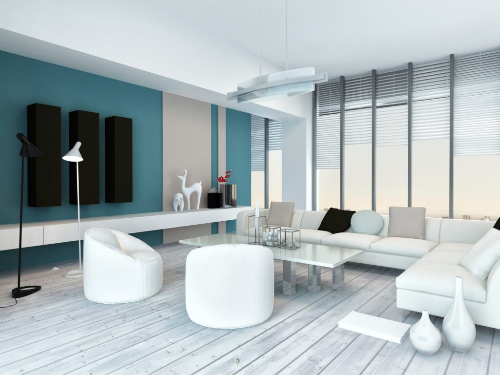 Contemporary White Living Room with Aqua Wall and White Bucket Accent Chairs