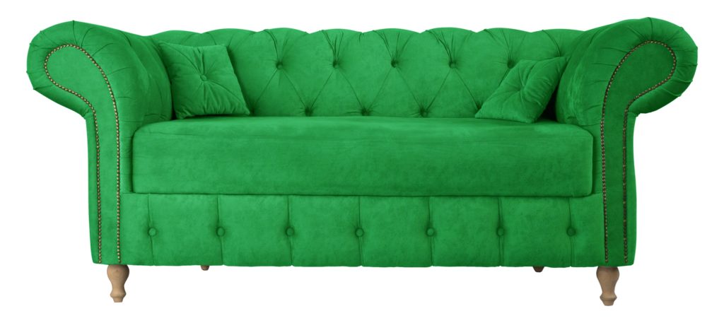 Vibrant Forest Green Sofa in Lush Suede Oozes Style in Tufting Details That Repeat on Same Shade Pillows