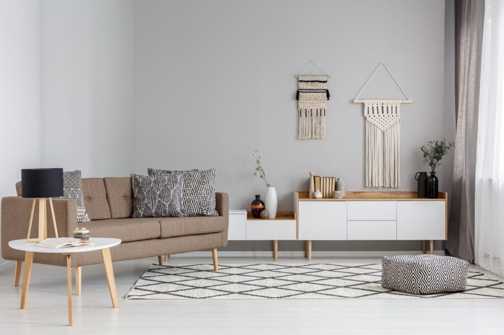 Brown Sofa in Contemporary Family Room with Diamond Patterned Rug