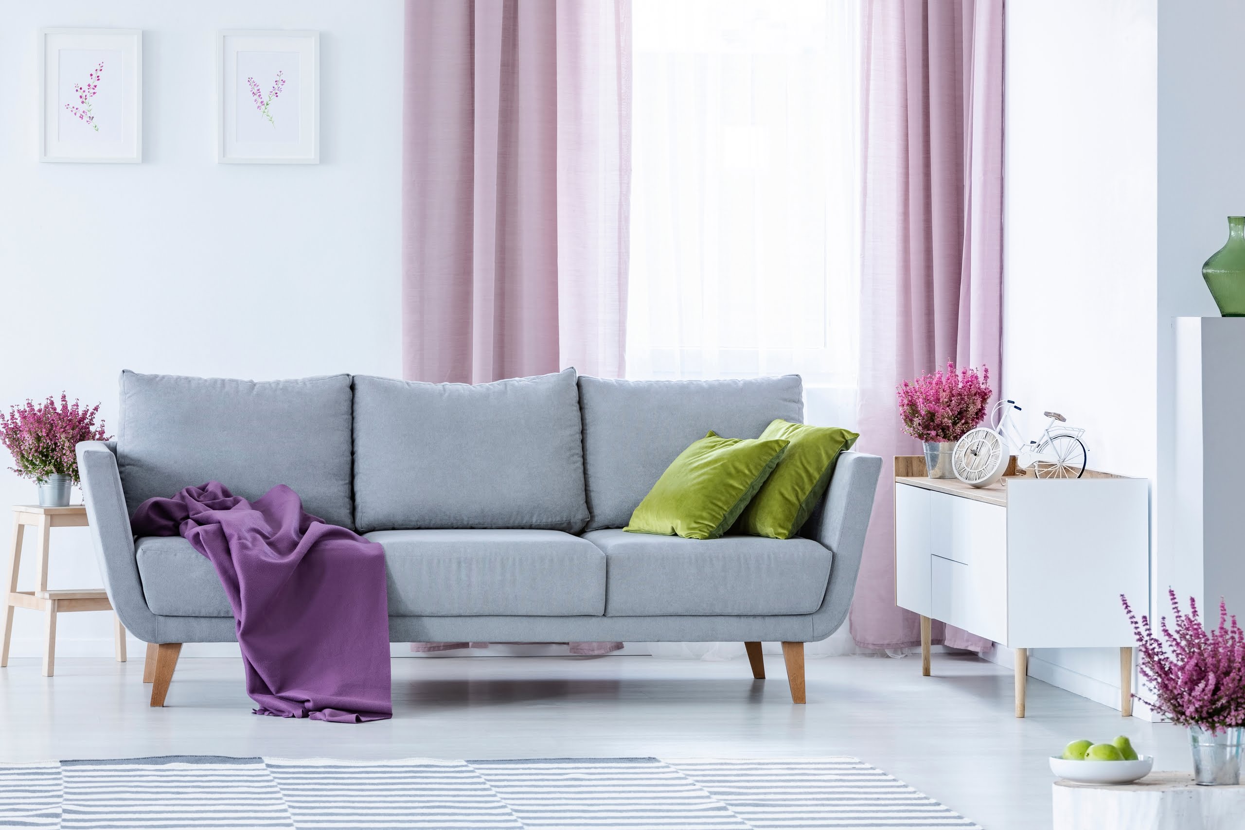 lavender curtains grey living room