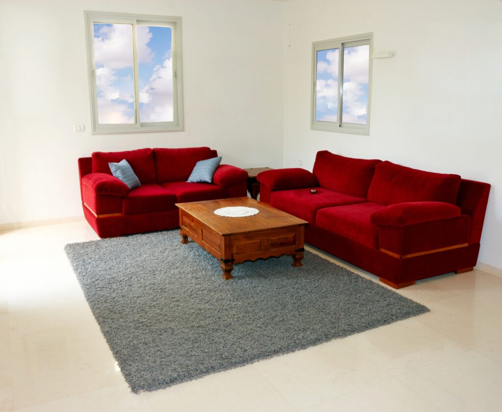 Contemporary Den with Plush Red Sofas and Rich Charcoal Rug