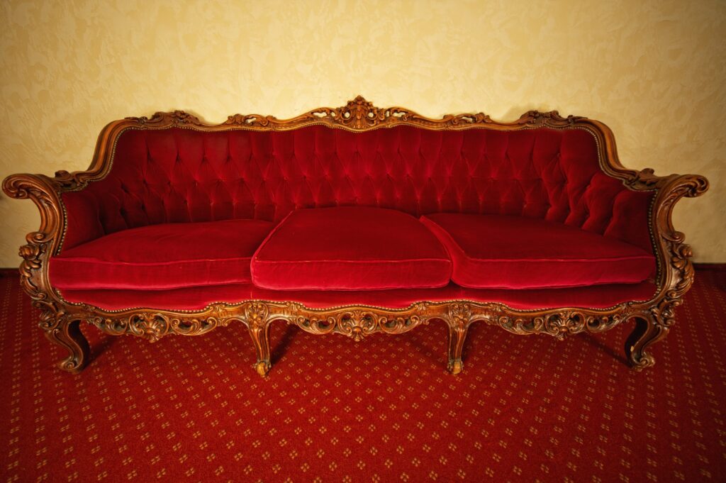 Luxurious Vintage Shabby Chic Red Velvet Parlor Sofa