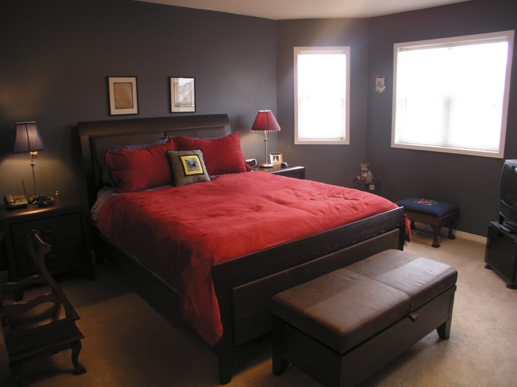 Modern Dark Brown Master Bedroom with Red Bed Covers