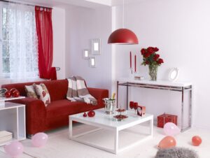 Valentines Day Style Den with Red Sofa Red Lamps and White Rug