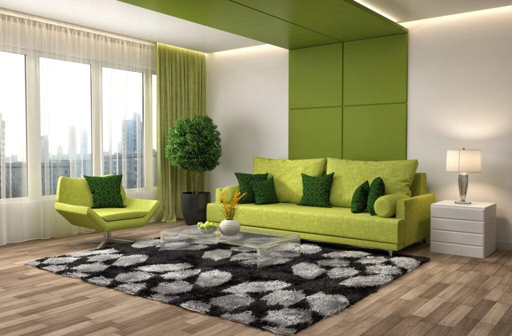 Apple Green Sofa with Dark Green Pillows and Contemporary Rug Design