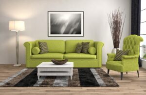 Elegant Chartreuse Sofa and Tufted Wing Back Chair with Creative Rug