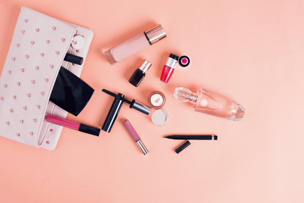 Makeup bag with cosmetics